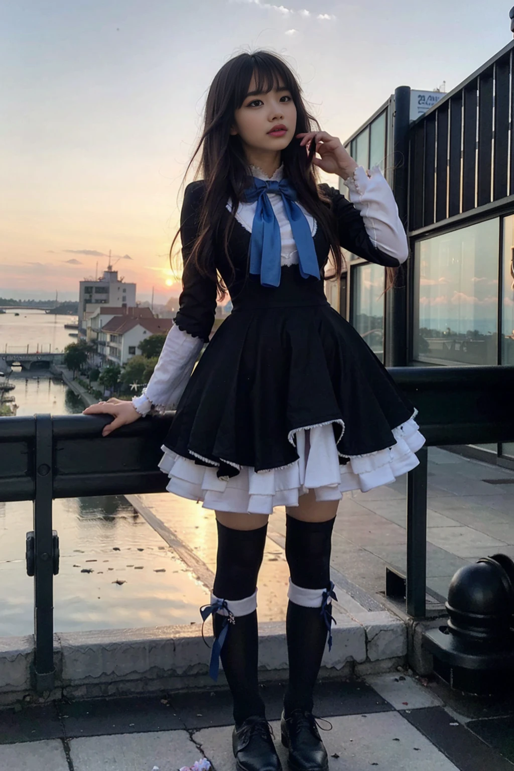 (masterpiece), best quality, fit but big proportions, Japanese woman, frederica bernkastel, dress, tail bow, purple hair, bowtie, cat tail, socks, (flying), (candy:1.4), sky, outside, red sky, stunningly beautiful, steampunk, photorrealistic, standing position, (Best quality, 8k, 32k, Masterpiece, UHD:1.2),