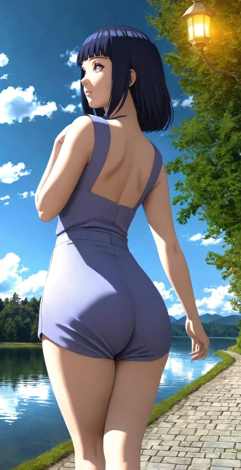 close-up from side, (30 years old adult-Hinata) walk next to lake, big ass, [enchanting, surreal, studio lighting, HDR, UHD, K]