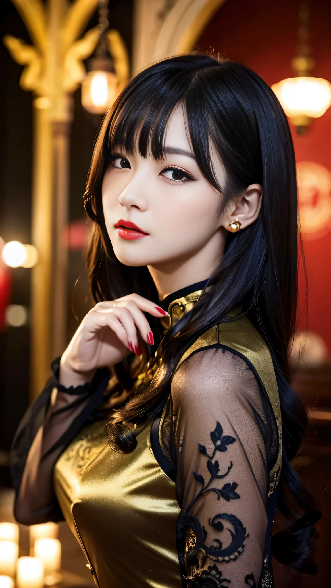 tra-detailed、Japanese、attractive beauty、seductive adult woman、pretty woman、piercing eyes、cool girl、wavy hair、swept bangs、Long Black and Gold Cheongsam、wide sleeves、Evil cadres、evil depravity、brainwash、mind control、lipstick、lip gloss、dark makeup、smirk、whisper in your ear、Evil expression、evil、hollow eyes,half-closed eyes、empty eyes、evil、church at night、vampire、succubus、vampire、Swear allegiance、sexy pose