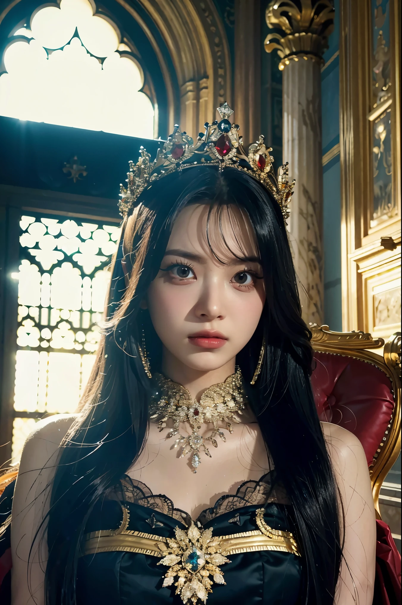 (best quality,4k,8k,highres,masterpiece:1.2),ultra-detailed,(realistic,photorealistic,photo-realistic:1.37),oil painting,princess,medieval,fantasy,royalty,arrogant,tyrannical ruler,confident,regal,dark atmosphere,castle,throne room,ornate decorations,dramatic lighting,rich color palette,lush garden,mysterious aura,haughty expression,flowing gown,luxurious jewelry,meticulously crafted crown,sharp features,evil smirk,intense gaze,elaborate hairstyles,lonely princess in a majestic palace,ominous clouds,hidden secrets,secretive smile,domineering presence,fascinating shadows,commanding presence,adorned with power,ageless beauty,floating ethereal presence,grandiose architecture,menacing presence of the princess