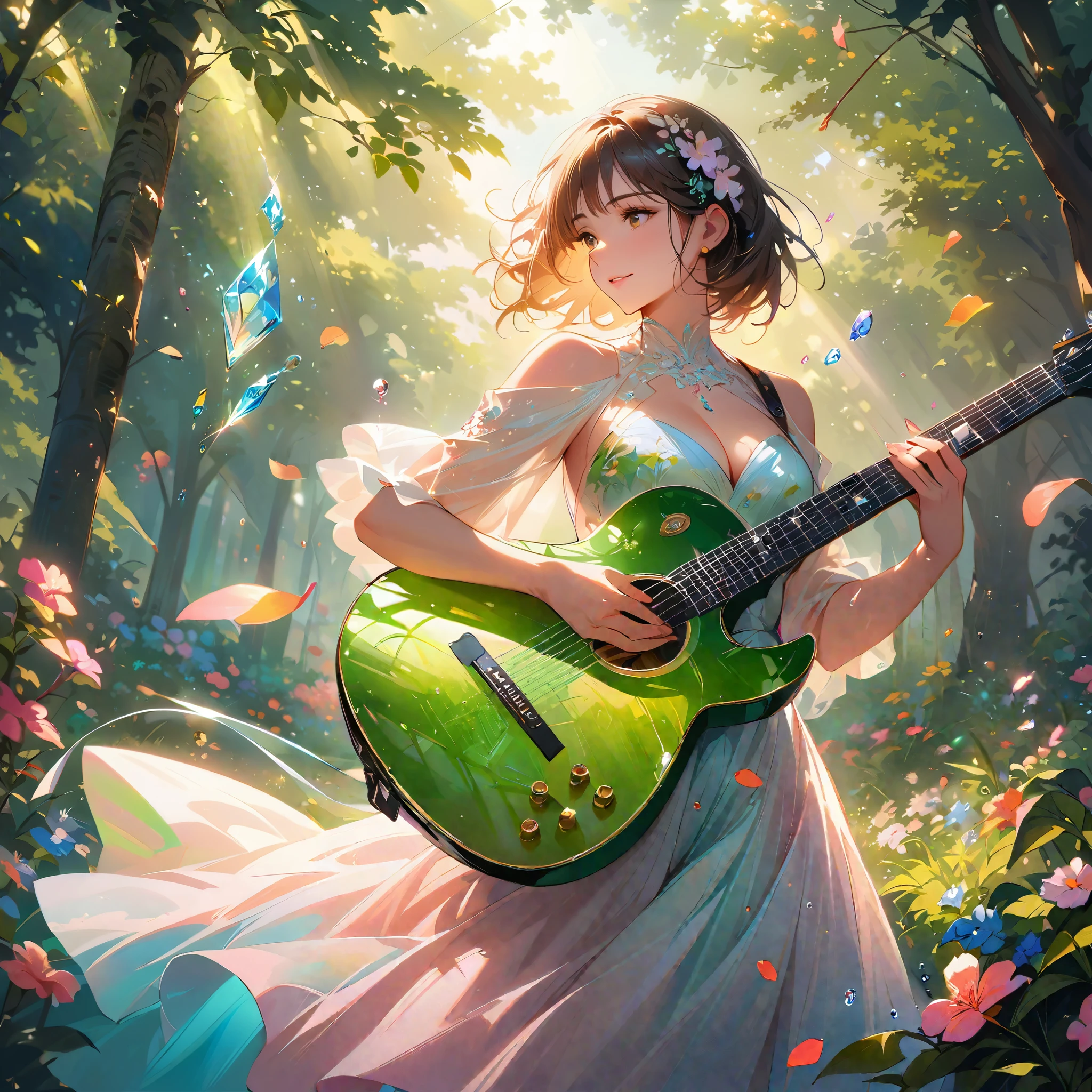 (best quality,4k,8k,highres,masterpiece:1.2),ultra-detailed,realistic,crystal-clear guitar carving,translucent morning of spring,sunlight reflection on guitar,body details,delicate strings,vibrant color palette,sculpting tools,hourglass figure,sound holes,elegant curves,polished surface,delicate engravings,effects of light and shadow,subtle reflections,shimmering surface,sparkling gemstones,flower petals falling,floral patterns,emerald accents throughout,transparent springtime essence,ethereal atmosphere,peaceful garden background,serene ambiance,morning dew,soft sunlight filtering through trees,lush greenery,vividly colored blossoms,harmonious blend of nature and art,impeccable craftsmanship,transcendent beauty,awe-inspiring artwork