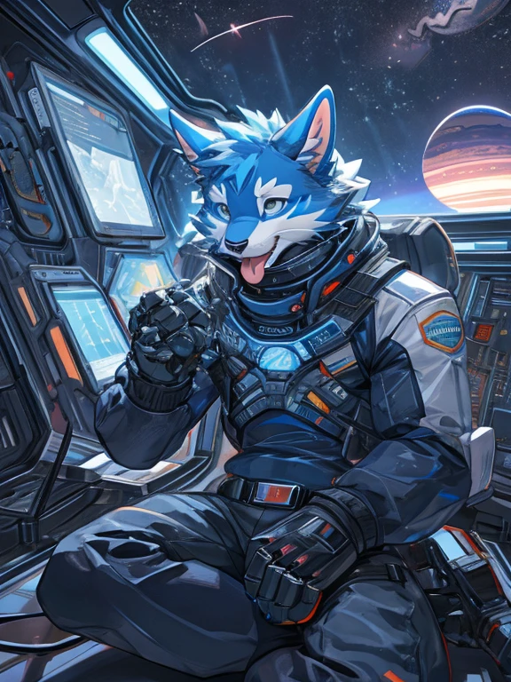 furry, blue cat, the setting is a space with stars and planets, there are shooting stars,a defective robot mask, his body is robotic, part of his body has electrical cables, but part of its body is also that of an animal, its paws are exposed, is sitting in his spaceship, He's sticking his tongue out like an ahegao.