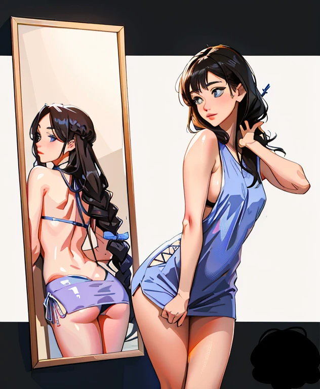 hay una mujer con un vestido azul parada frente a un espejo, seductora chica de anime, germen de arte extremadamente detallado, Hermosa y seductora mujer de anime, Ilya Kuvshinov y germen de arte, Estilo germen de arte, Estilo germen de arte, germen de arte. animated illustration, Como germen de arte, Hermoso y atractivo anime adolescente, Estilo de germen de arte