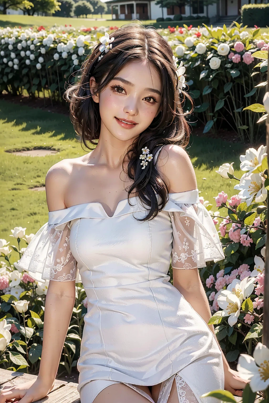 Best quality, masterpiece, ultra high res, (photorealistic:1.4), raw photo, 1girl, white dress, off shoulder, blossom flower field, glowing skin, light smile