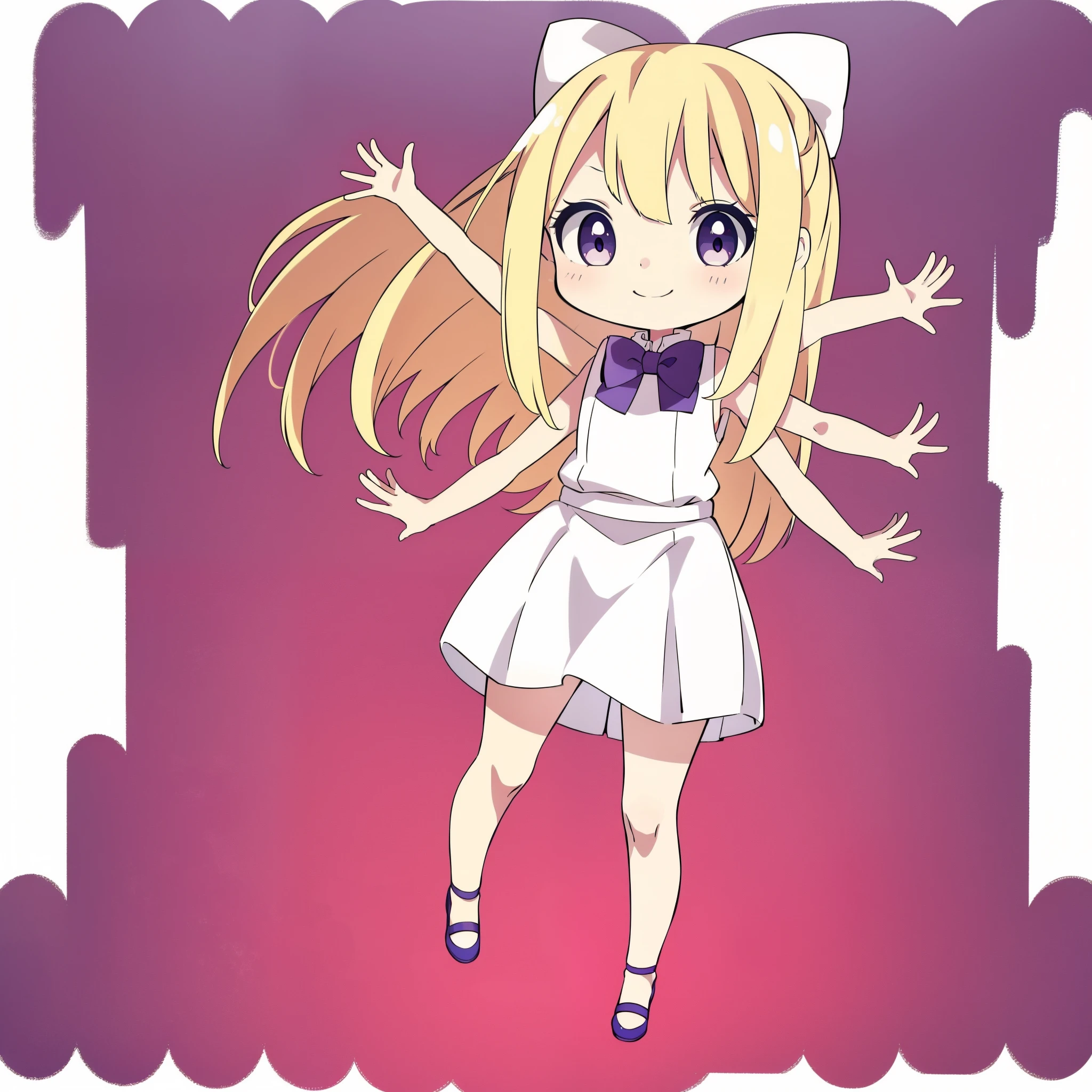 1girl,8 ,small,solo,blonde hair,long hair,white dress, sleeveless, bow tie, bare shoulders,smile,full body,extra arms,four arms,chibi,full body,(white background)