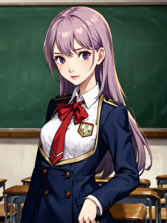 1 girl,small breasts,,lilac long-haired,poor body,high school student,classroom,uniform,The whole body is shown