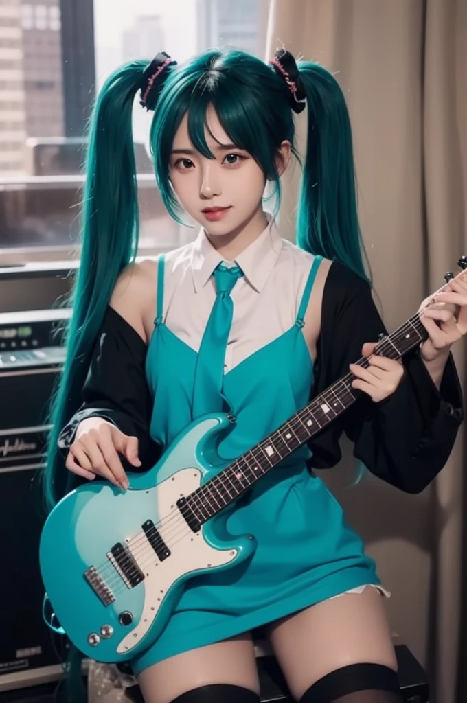 hatsunemiku, 1girl, hatsune miku, solo, long hair, instrument, guitar, thighhighs, , twintails, aqua hair, detached sleeves, electric guitar, very long hair, breasts, , aqua eyes, amplifier, realistic, necktie, medium breasts, lips