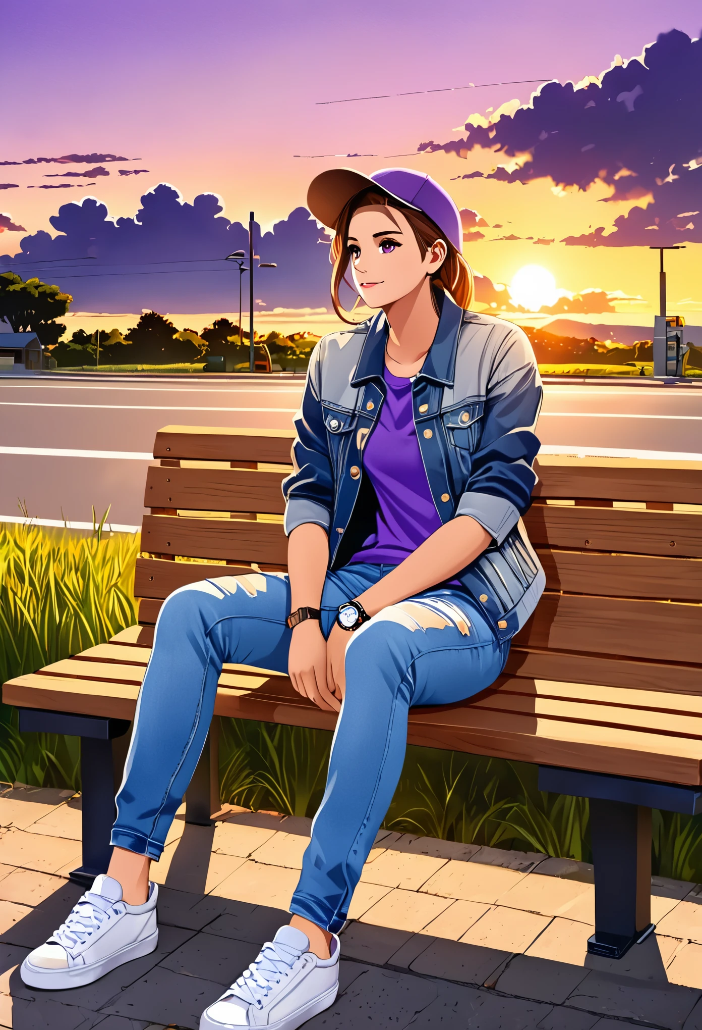 Um garoto estioso usando jaqueta jeans，Wear sneakers，Com um colar，wristwatch，Sit on a wooden bench by the roadside，waiting for the bus,Look at the clouds in the sky during the late afternoon yellow and purple sunset ，Foto de corpo inteiro em close，ultra high definition, SVG,2D