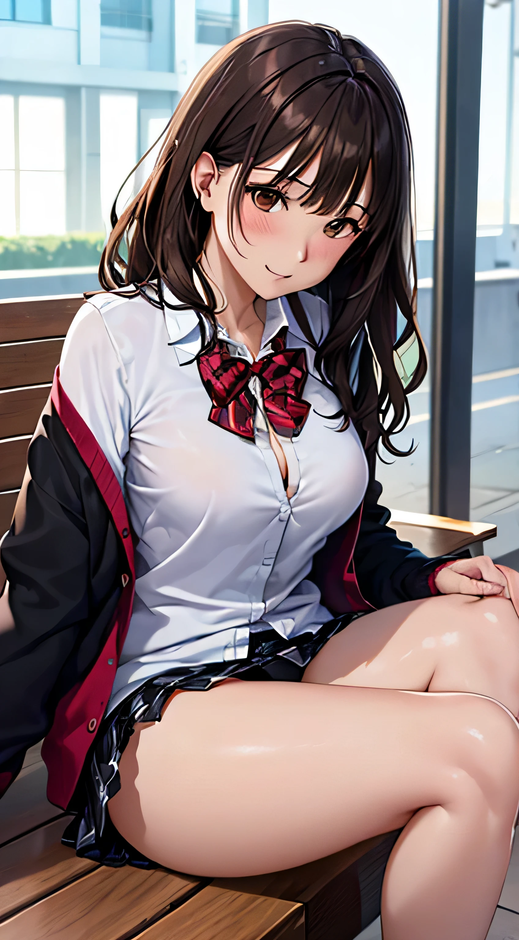 (table top, highest quality, High resolution, , perfect pixel, 4k,), 1 girl, single, alone, Beautiful woman、I could see the whole body、 ((wavy middle hair, bangs, brown hair)), ((brown eyes, beautiful eyelashes, realistic eyes)), ((detailed face, blush:1.2)), ((smooth texture:0.75, realistic texture:0.65, realistic:1.1, Anime CG style)), medium breasts, dynamic angle, perfect body, ((red bow tie, , black jacket, open jacket,cardigan, white shirt, black skirt, shirt unbuttoned、plaid skirt)), upper grade、shy smile、school poolside、evening、sit on a bench、(open your legs、get down on one knee、、pink floral lace panties)、