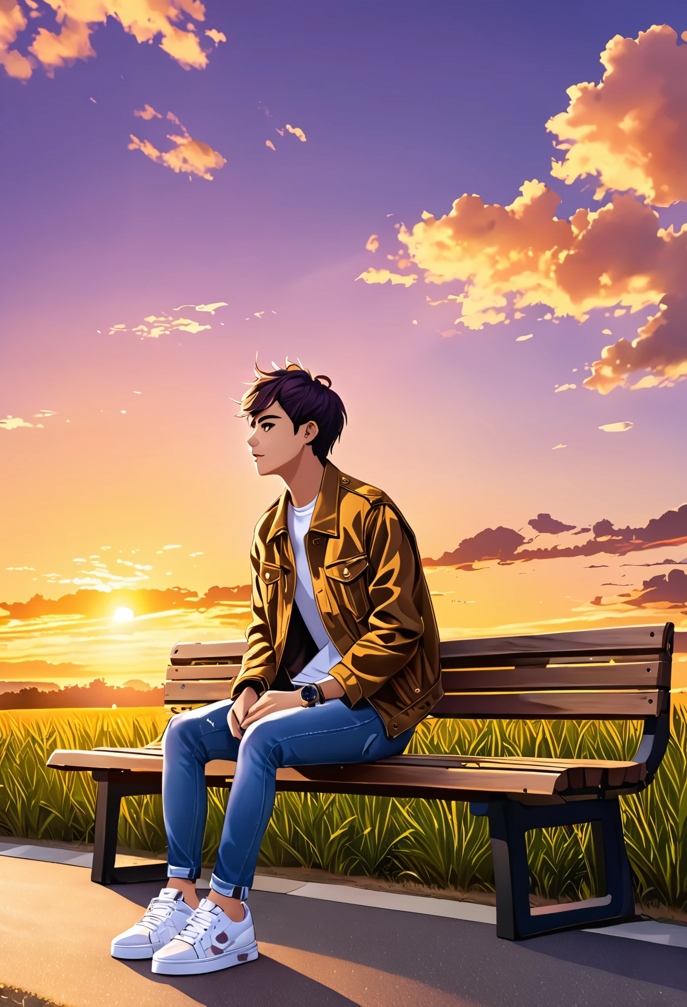 Um garoto estioso usando jaqueta jeans，Wear sneakers，Com um colar，wristwatch，Sit on a wooden bench by the roadside，waiting for the bus,Look at the clouds in the sky during the late afternoon yellow and purple sunset ，Foto de corpo inteiro em close，ultra high definition, SVG,2D