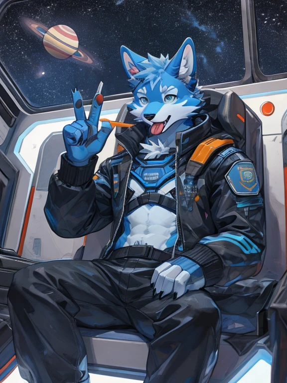 furry, blue cat, the setting is a space with stars and planets, there are shooting stars,a defective robot mask, his body is robotic, part of his body has electrical cables, but part of its body is also that of an animal, its paws are exposed, is sitting in his spaceship, He's sticking his tongue out like an ahegao, protuberance, he has both hands and is making a "v" sign with his fingers.