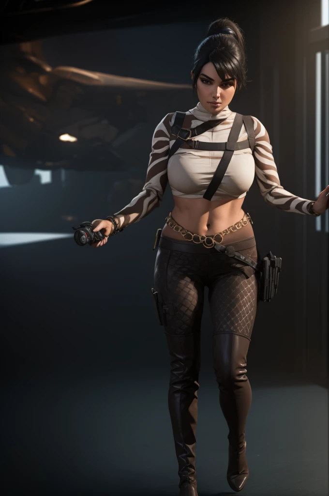 (full body portrait, 1 girl, looking at viewer, highly detailed, anatomy correct:1.4), tactical gear, coffee knee boots, (athletic body:1.3), coffee leggings, jewelry, ponytail hair, ski mask, black hair, the background is an armory room, ((Best quality, masterpiece, Very beautiful woman)), Depth-of-field, Multi-layered textures, HDR (High Dynamic Range), Ray Tracing, NVIDIA RTX, Unreal 5, Subsurface scattering, PBR Texturing, Post-processing, Anisotropic Filtering, Maximum clarity and sharpness, Wide aperture, Low ISO, White balance, Rule of thirds, 8K RAW, (extremely slutty), (Highly realistic skin), sharp image, (extremely high quality artwork),