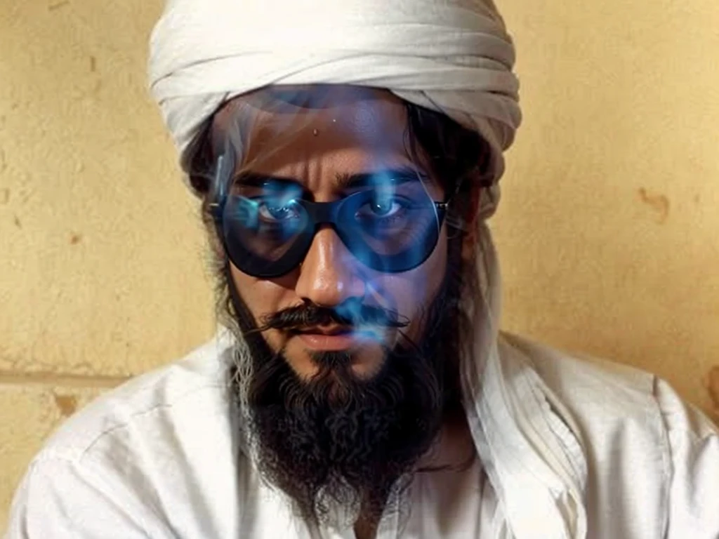 A man with beard and moustache, like ousama bin laden, wearing a turban, terrorist