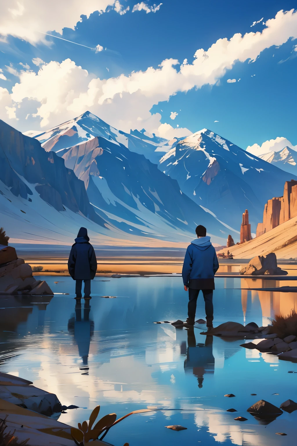 Nevada lake, desert. The brothers are by the lake on the river, we see their backs. One has a fancy white shirt, the other one wears a dark blue hoodie.