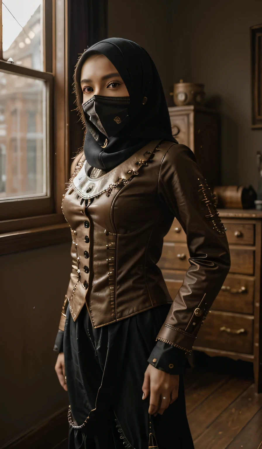 Craft a photorealistic scene of a Malay girl in hijab masker mouth as an intrepid explorer in a steampunk world. standing on living room, Showcase intricate gears, Victorian-inspired fashion, and a sense of adventure in this alternate reality, 8mm lens, Extreme close-up, 8k resolution, high quality, ultra detail,modeling pose