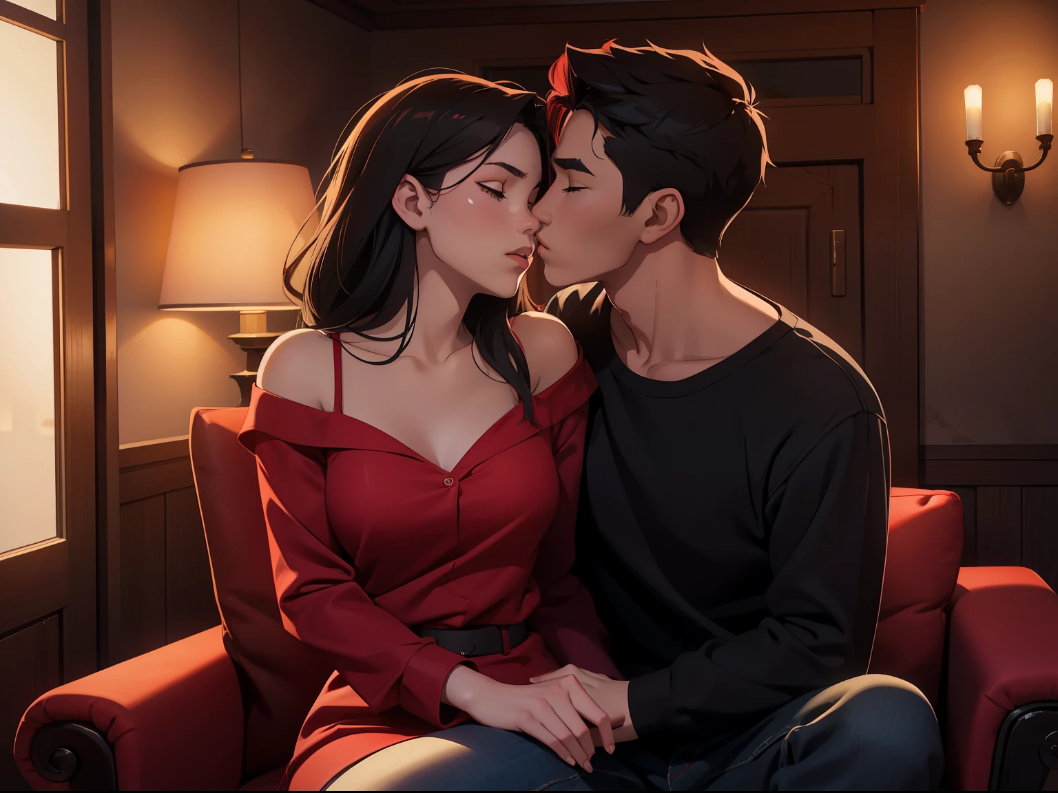 Young sexy girl wearing a red dress sitting on lap of young boy wearing a red and black flannel shirt and jeans who is sitting on a chair, kissing, making out, passionately, dim lighting, sexy, hot, lustful