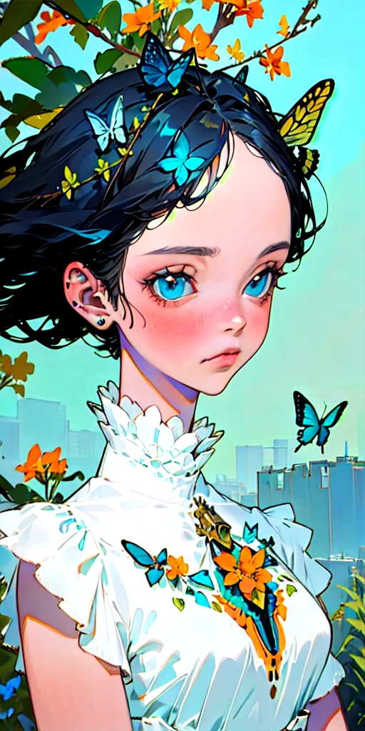 (maximum quality, obra de arte, super realista), portrait of a beautiful and delicate girl with a soft and sad expression, the landscape in the background is a garden with flowering bushes and butterflies flying in shades of blue.