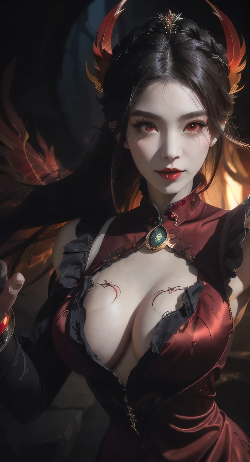 1 beautiful devil woman from hell, In the Dark: 1.6), surreal female portrait by David Hockney and Alphonse Mucha, fantasy art, korea doll, photorealism, dynamic lighting, artstation, poster, volumetric lighting, very detailed faces, 8k ultra, Awarded, in the dark, deep shadow, low key, cowboy lens, (Red phoenix dress: 1.4), light brown side updo braided long hair, mysterious sharp slit red eyes, huge breasts, great proportion, full body, luxurious palace, Royal style, devil crown, The most beautiful face, Super realistic, chinese women's clothing, polo neck sweater, Charming smile, guweiz, devil style, wearing black mesh socks, Red black lips, Devil tattoo on shoulder, wearing a thin red and black robe, the landscape is overcast and thunderous, (Portrait), Close-up of the main character, (Background details 1.8),show tits ,nude
