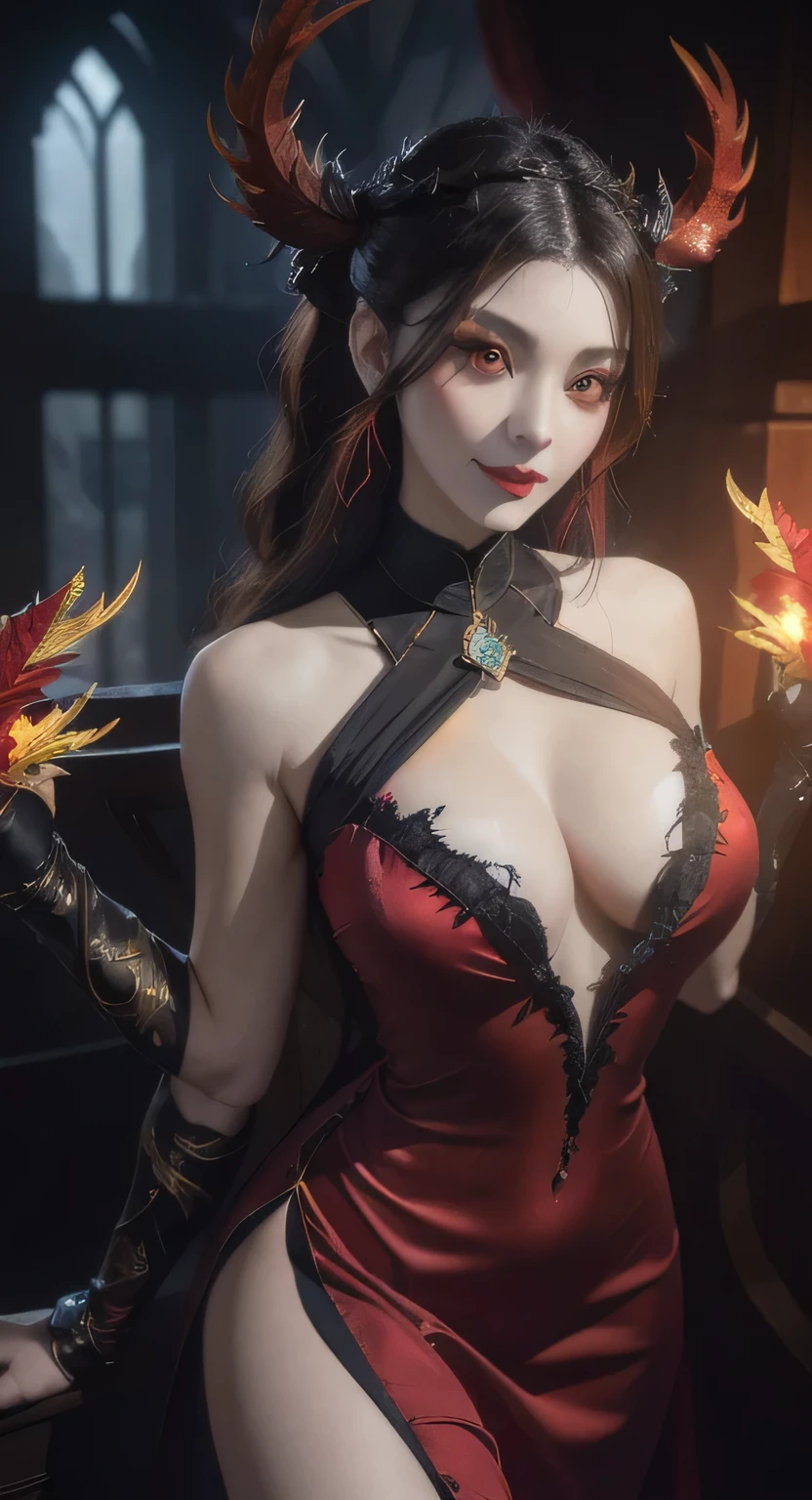 1 beautiful devil woman from hell, In the Dark: 1.6), surreal female portrait by David Hockney and Alphonse Mucha, fantasy art, korea doll, photorealism, dynamic lighting, artstation, poster, volumetric lighting, very detailed faces, 8k ultra, Awarded, in the dark, deep shadow, low key, cowboy lens, (Red phoenix dress: 1.4), light brown side updo braided long hair, mysterious sharp slit red eyes, huge breasts, great proportion, full body, luxurious palace, Royal style, devil crown, The most beautiful face, Super realistic, chinese women's clothing, polo neck sweater, Charming smile, guweiz, devil style, wearing black mesh socks, Red black lips, Devil tattoo on shoulder, wearing a thin red and black robe, the landscape is overcast and thunderous, (Portrait), Close-up of the main character, (Background details 1.8),show tits ,nude