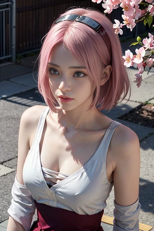 highest quality, 8K, 32k, masterpiece, photo realistic, realistic, (photorealistic:1,4), 1 girl, slight smile, dramatic lighting, professional makeup, とても大きなchestの女性, (seductive pose), sexy, Beautiful, shining white face, beautiful face, pink cheeks, beautiful lips, porcelain skin, 細部がComplex, Super detailed, Super high, most detailed, highly detailed, delicate, incredible detailsed, small detailsed, cinematic lighting, highest quality, smooth and beautiful, cg, unity, 8K wallpaper, amazing, small details, unity cg wallpaper 8K super detailed, large file size, super detailed, High resolution, incredible details, amazing details, Depth of the bounds written.Detailed clothing characteristics,haruno sakura, naruto \(series\), naruto shippuuden, anime art style, masterpiece, red shirt, shirt, short hair, No sleeve, No sleeve shirt, forehead protector, hair band, konohagakure symbol on hair band, 1 girl, alone, bangs, chest, closed mouth, Elbow sleeves, eyes visible through hair, floating hair, shortening, green eyes, hair intake, parted bangs, pink hair, , V-shaped eyebrows, detailed background, outdoor, cherry blossoms, null, (super detailed), (8K, Complex), (85mm), particles of light, lit, full body, (very detailed:1.2), chestの焦点, (Gradation), software, colorful, (detailed background), (third law_composition:1.3), (Action range:1.2), dawn, alone