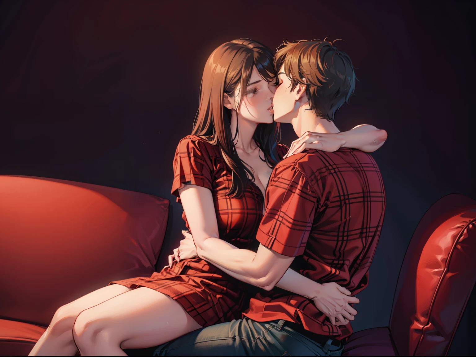 Young sexy girl wearing a red dress sitting on lap of young boy wearing a red and black flannel shirt and jeans who is sitting on a chair, kissing, making out, passionately, dim lighting, sexy, hot, lustful