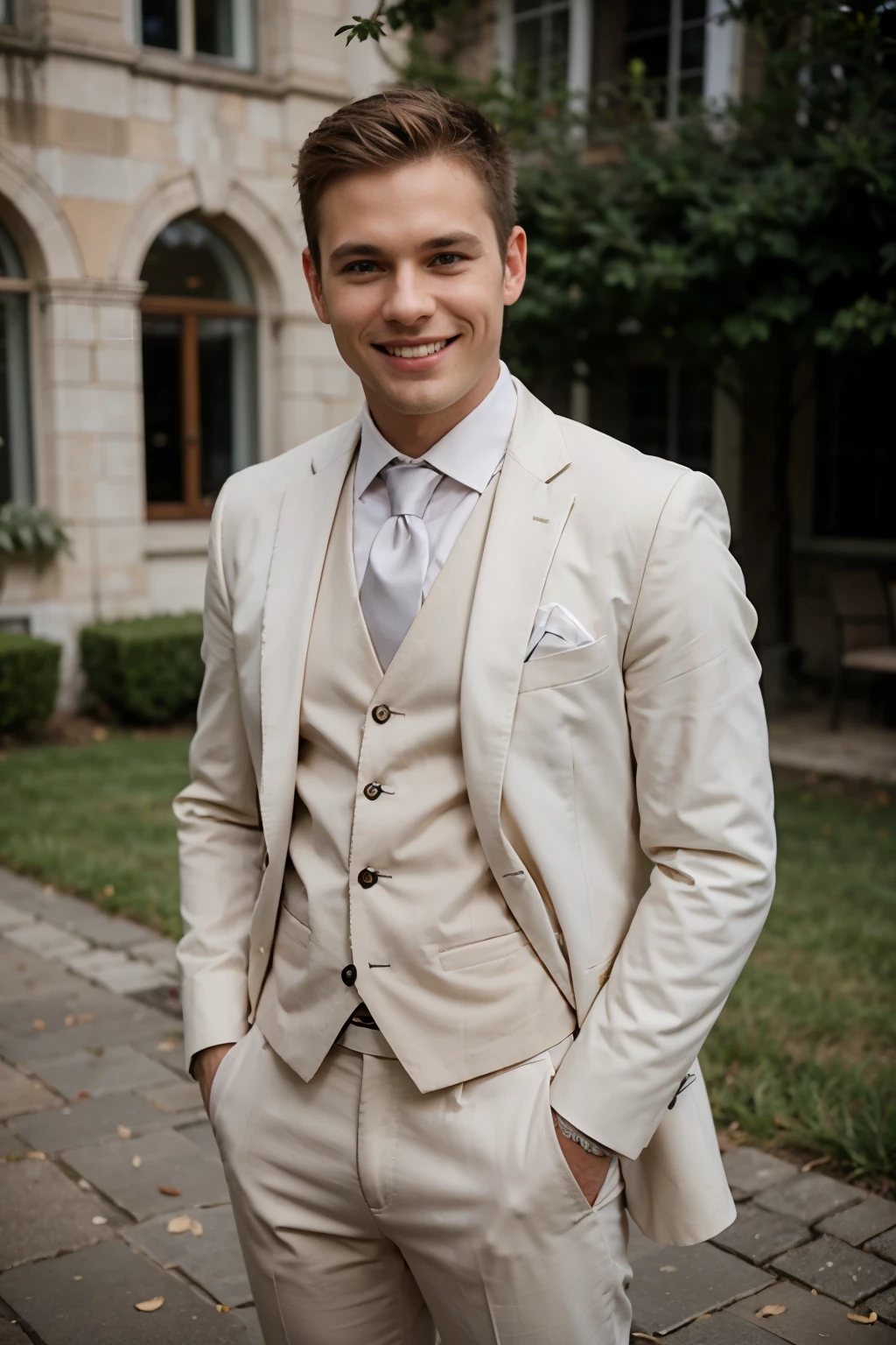 A smiling blond in a wedding suit