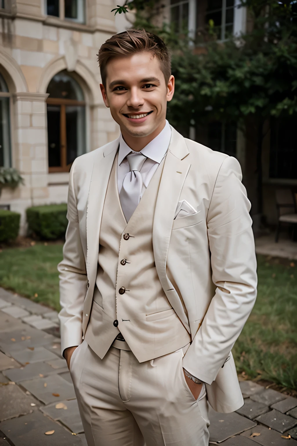A smiling blond in a wedding suit