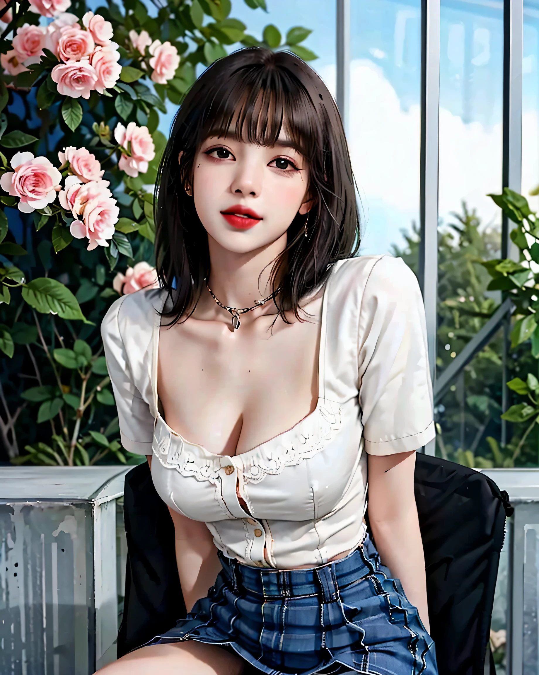 NSFW, 8k RAW photo, highest quality, masterpiece, ultra high resolution, film grain, movie, 1 girl, looking at the viewer, natural skin texture, Realistic eye and face details, full lips, lipstick, (compensate), red eyeshadow, fluffy short hair, messy hair, smile, close your mouth, beautiful foot, tall woman, skinny, slim_foot, alone, huge breasts, cleavage, Pose with butt facing yourself, super short skirt, butt, shirt, beautiful natural location, around flowers location, (detailed background), plaid skirt, white shirt, huge breasts, cleavage, Show a little cleavage through the shirt, loafers, blurry background, blurry, holding, plaid, short sleeve, jk ribbon on the neck, jk ribbon, brown hair, bracelet, water, bangs, , jewelry, parted lips, lips, From the side, pleated skirt, Depth of the bounds written