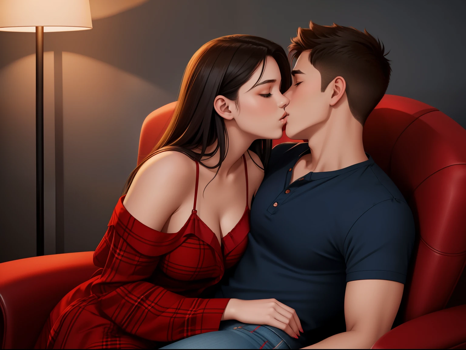 Young sexy girl wearing a red dress sitting on lap of young boy wearing a red and black flannel shirt and jeans who is sitting on a chair, kissing, making out, passionately, dim lighting, sexy, hot, lustful