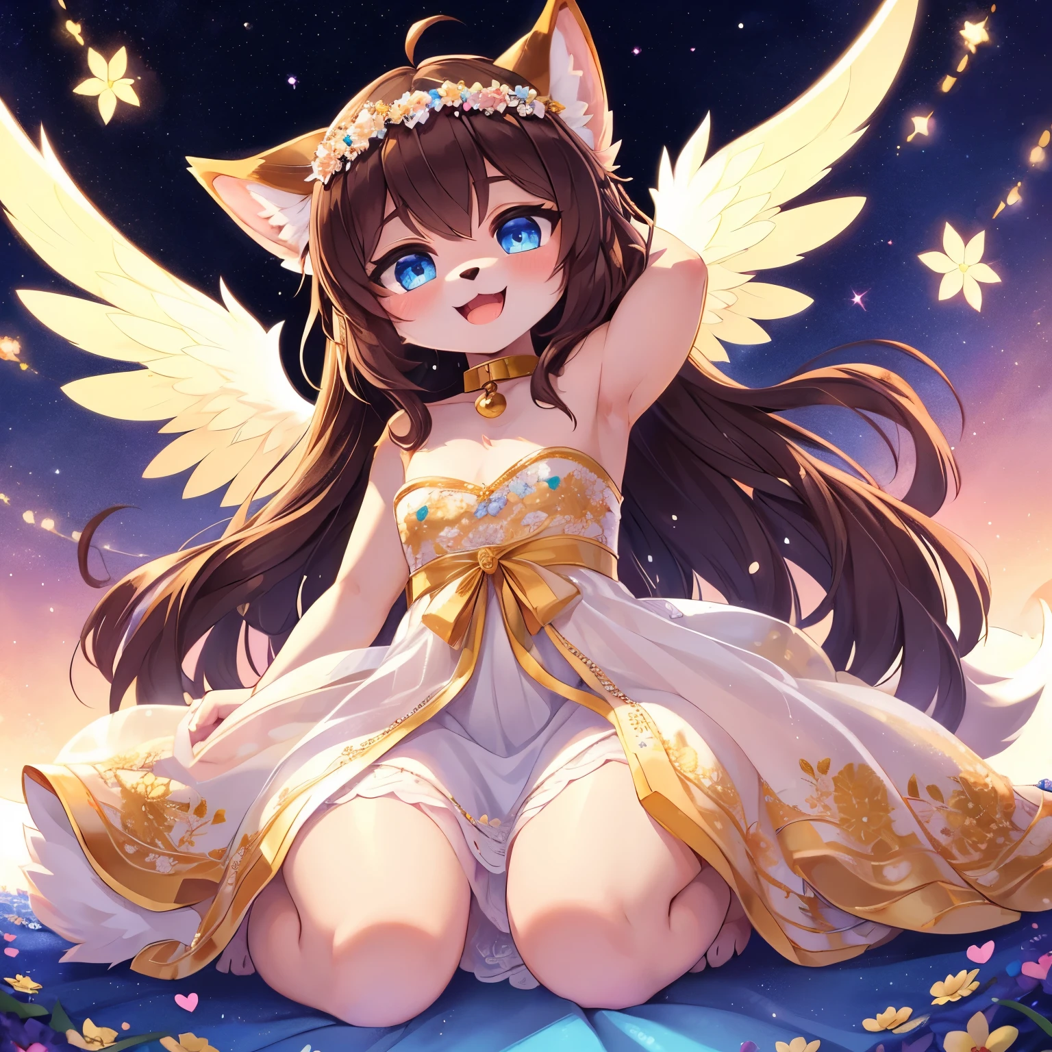 best quality,best resolution,(fluffy anthro furry :1.6),(young :1.6),dog girl,small breasts,gold canine ears,gold dog tail,gold body fur,dark brown long hair,wavy hair,curvy hair,blue eyes,sparkle eyes,glistering eyes,small bell collar,flower hair ornaments,wet white dress with flower embroidery,see through,raffles,sleeveless,bare shoulder,sparkle dust around girl,fallen stars background,night sky,flowers surronded,floral decoraton ornaments,looking at viewer,full face blush,panoramic view,white gorgeous gown with gold floral embroidery,glowing white angle wings on girl back,happy face,smile,open mouth,upper body only,front view,low angle,armpits,on kneel,heart eyes,heart expression eyes,heavy breath