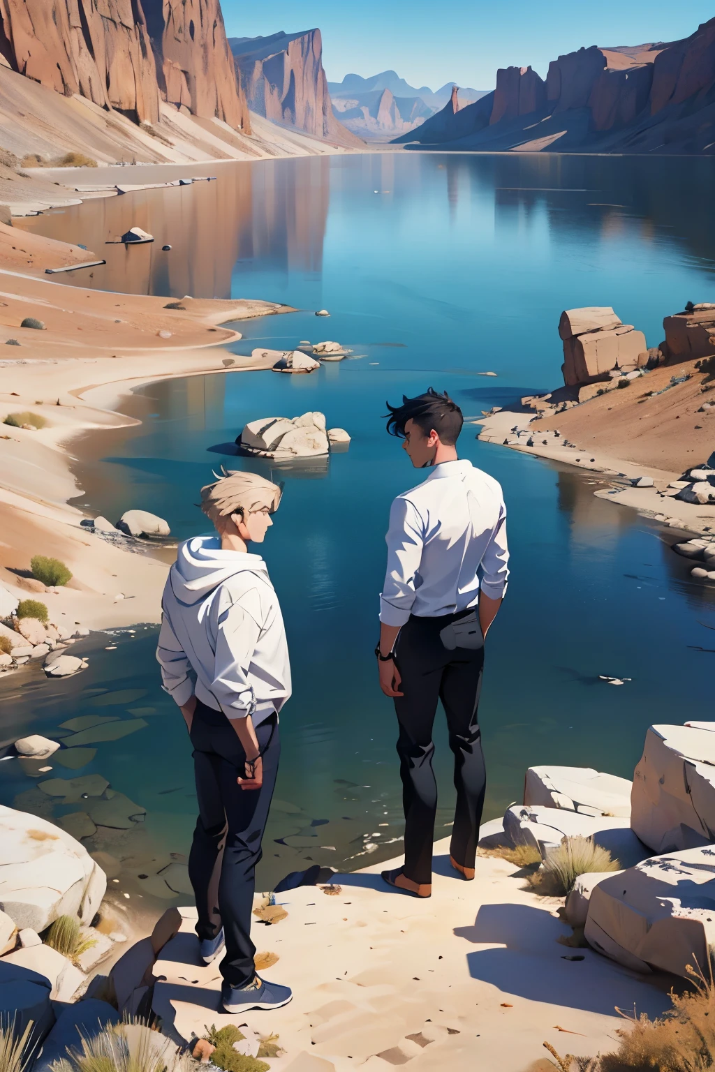 Nevada lake, desert. The brothers are by the lake on the river, we see their backs. One has a fancy white shirt, the other one wears a dark blue hoodie.