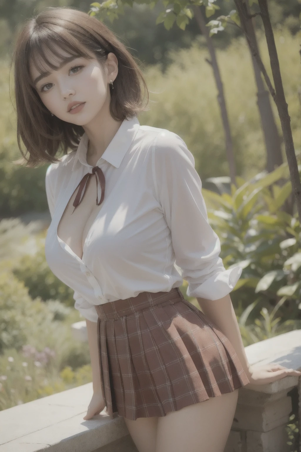 nsfw, 8K raw photo, Best quality, masterpiece, ultra high res, film grain, filmg, 1girl, looking at viewer, natural skin texture, realistic eye and face details, full lips, lipstick, (makeup), red eyeshadow, fluffy short hair, messy hair, smile, close mouth, beautiful legs, tall female, skinny, slim_legs, solo, enormous breast, cleavage, Pose with buttocks facing you, ultra short skirt, ass, shirt, beautiful nature location, around flower location, (detailed background), plaid skirt, white shirt, enormous breast, cleavage, Show a little cleavage through the shirt, loafers, blurry background, blurry, holding, plaid, short sleeves, jk ribbon on the neck, jk ribbon, brown hair, bracelet, water, bangs, , jewelry, parted lips, lips, from side, pleated skirt, depth of field