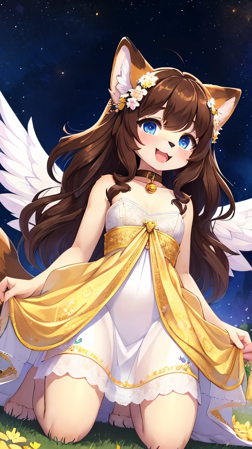 best quality,best resolution,(fluffy anthro furry :1.6),(young :1.6),dog girl,small breasts,gold canine ears,gold dog tail,gold body fur,dark brown long hair,wavy hair,curvy hair,blue eyes,sparkle eyes,glistering eyes,small bell collar,flower hair ornaments,wet white dress with flower embroidery,see through,raffles,sleeveless,bare shoulder,sparkle dust around girl,fallen stars background,night sky,flowers surronded,floral decoraton ornaments,looking at viewer,full face blush,panoramic view,white gorgeous gown with gold floral embroidery,glowing white angle wings on girl back,happy face,smile,open mouth,upper body only,front view,low angle,armpits,on kneel,heart eyes,heart expression eyes,heavy breath