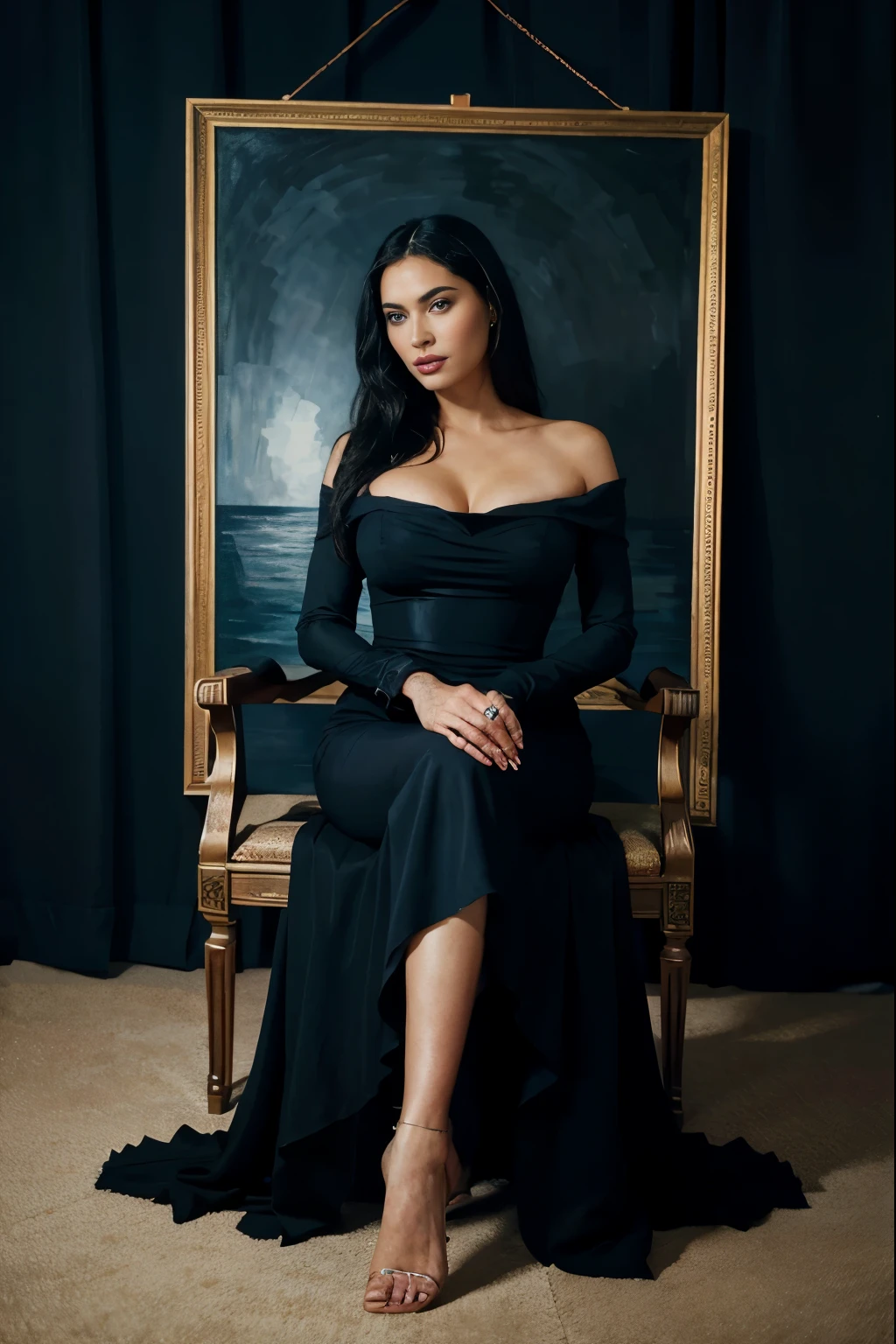 arafed woman in a black dress sitting in a chair, fully clothed. painting of sexy, elegant dark blue dress, portrait of megan fox as a queen, stunning elegant pose, salma hayek portrait, elegant oil painting, monica bellucci, salma hayek as a sorceress, masterpiece! portrait of arwen, painting of beautiful, dark beauty