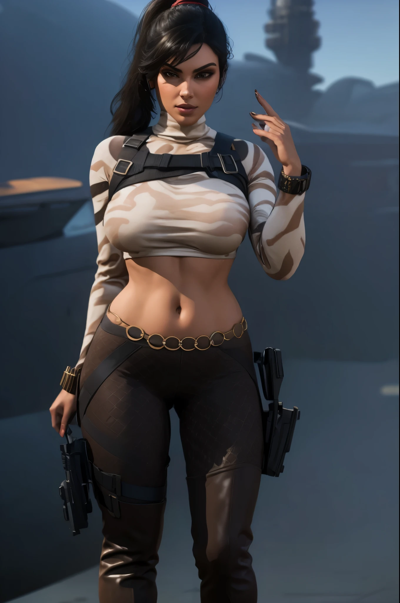 (full body portrait, 1 girl, looking at viewer, highly detailed, anatomy correct:1.4), tactical gear, coffee knee boots, (athletic body:1.3), coffee leggings, jewelry, ponytail hair, ski mask, black hair, perfect hands, ((Best quality, masterpiece, Very beautiful woman)), Depth-of-field, Multi-layered textures, HDR (High Dynamic Range), Ray Tracing, NVIDIA RTX, Unreal 5, Subsurface scattering, PBR Texturing, Post-processing, Anisotropic Filtering, Maximum clarity and sharpness, Wide aperture, Low ISO, White balance, Rule of thirds, 8K RAW, (extremely slutty), (Highly realistic skin), sharp image, (extremely high quality artwork),