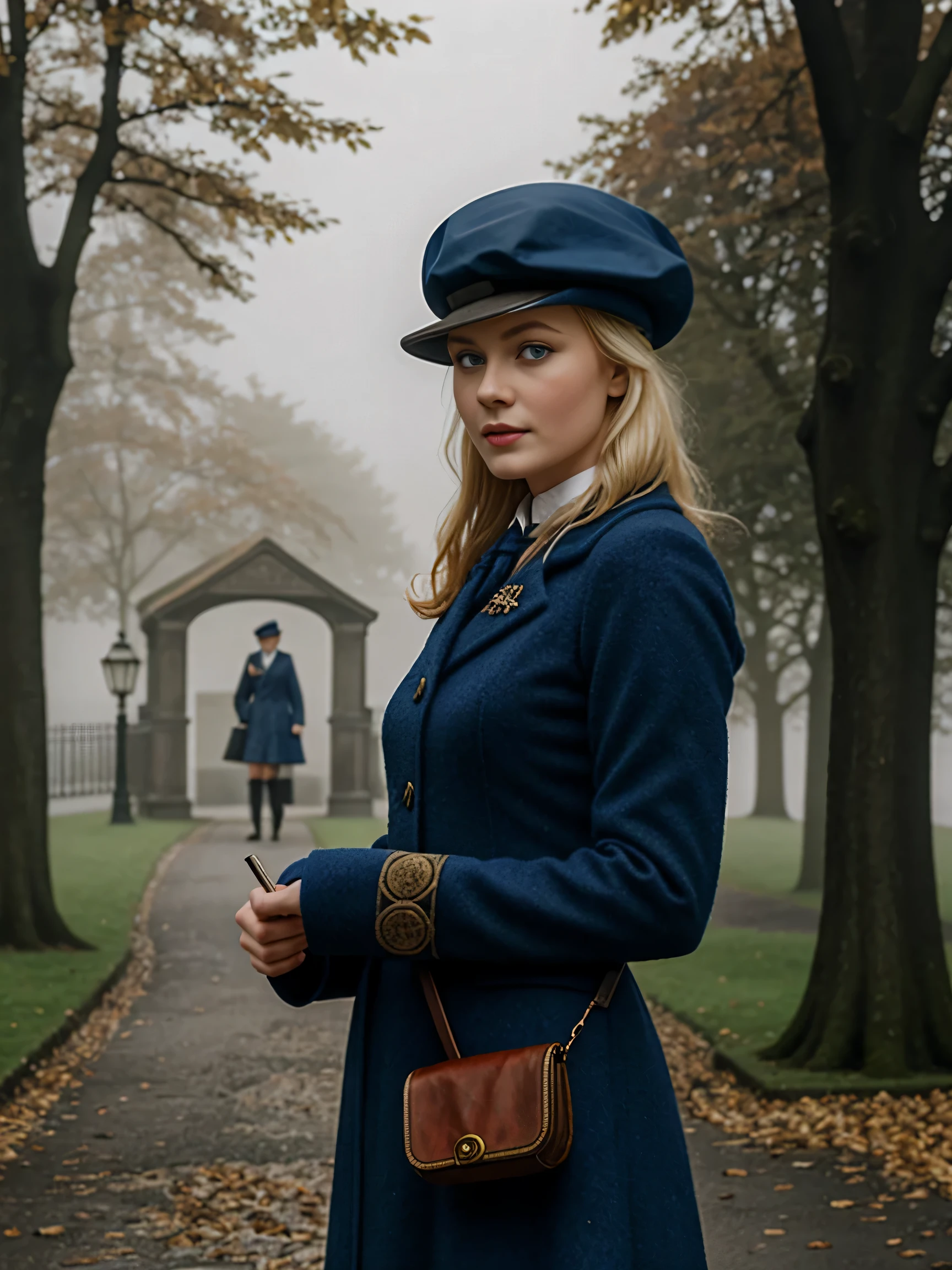 blond woman with blue eyes, wears a deerstalker cap, dressed like Sherlock Holmes, hyperrealistic , 28 years old, masterpiece, wear a oldstyle victorian dress, oldstyle, outdoor, old London City, foggy Atmosphere, 