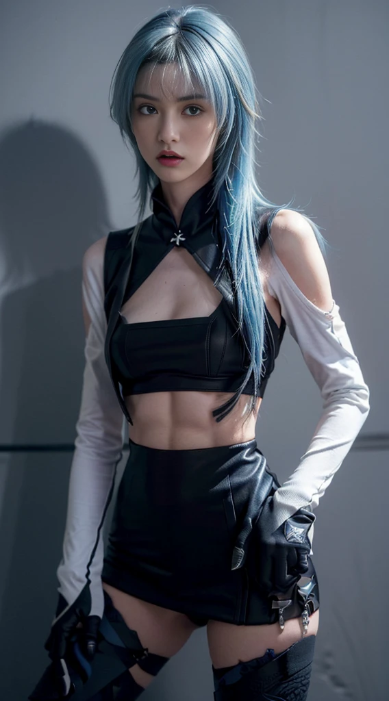 (8K, Top quality, Intricate details, Ultra detail, ultra high resolution, Masterpiece), full bodyesbian, 1girll, Solo, 1 girl, ((Random angles)), ((Small beauty hard )),, ((Tall girl, Skinny, Slim, Tall and lean)), (((fit body))), (((Slim face))), sharpy face, Sharp eyes, (((skyblue hair, Long hair, bangs)) Small lips, Long hair, ((Sexy samurai, mitts, short  skirt， Holding a katana)), Detailed face, detailed breast, Beautiful girl with accentuated slender abs: 1.4, sixpack abs: 1.4, Bust Botox, Big, Perfect body, Detail legs, Background: Simple gray wall，Deep Shadows，
