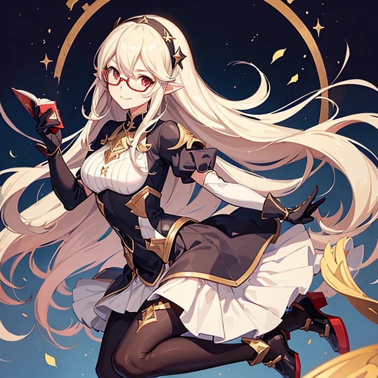 1girl, alternate costume, corrin \(fire emblem\), corrin \(fire emblem\) \(female\), full body, glasses, gloves, hairband, long hair, looking at viewer, pantyhose, pointy ears, red eyes, shoes, simple background, skirt, smile, solo, white background, genshin impact style,