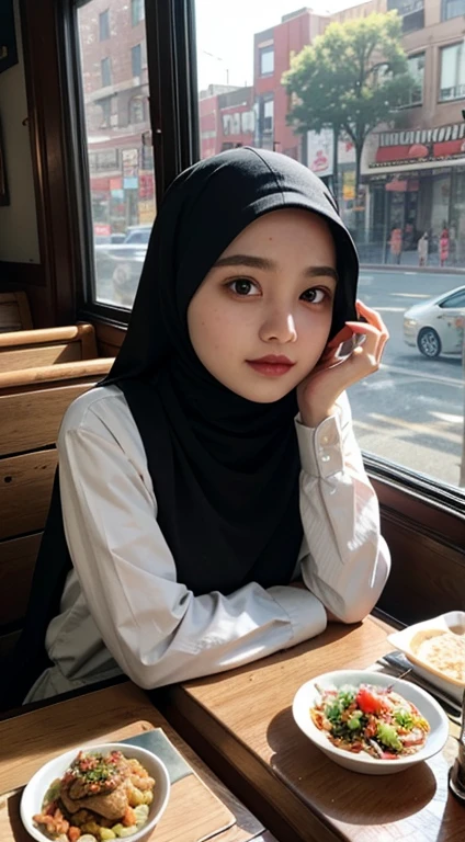 A girl hijab, Restaurant, Western meals, Sunlight outside the window.