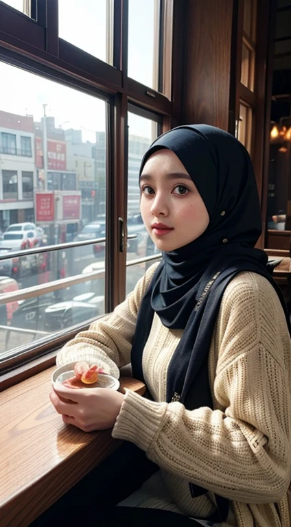 A girl hijab, Restaurant, Western meals, Sunlight outside the window.