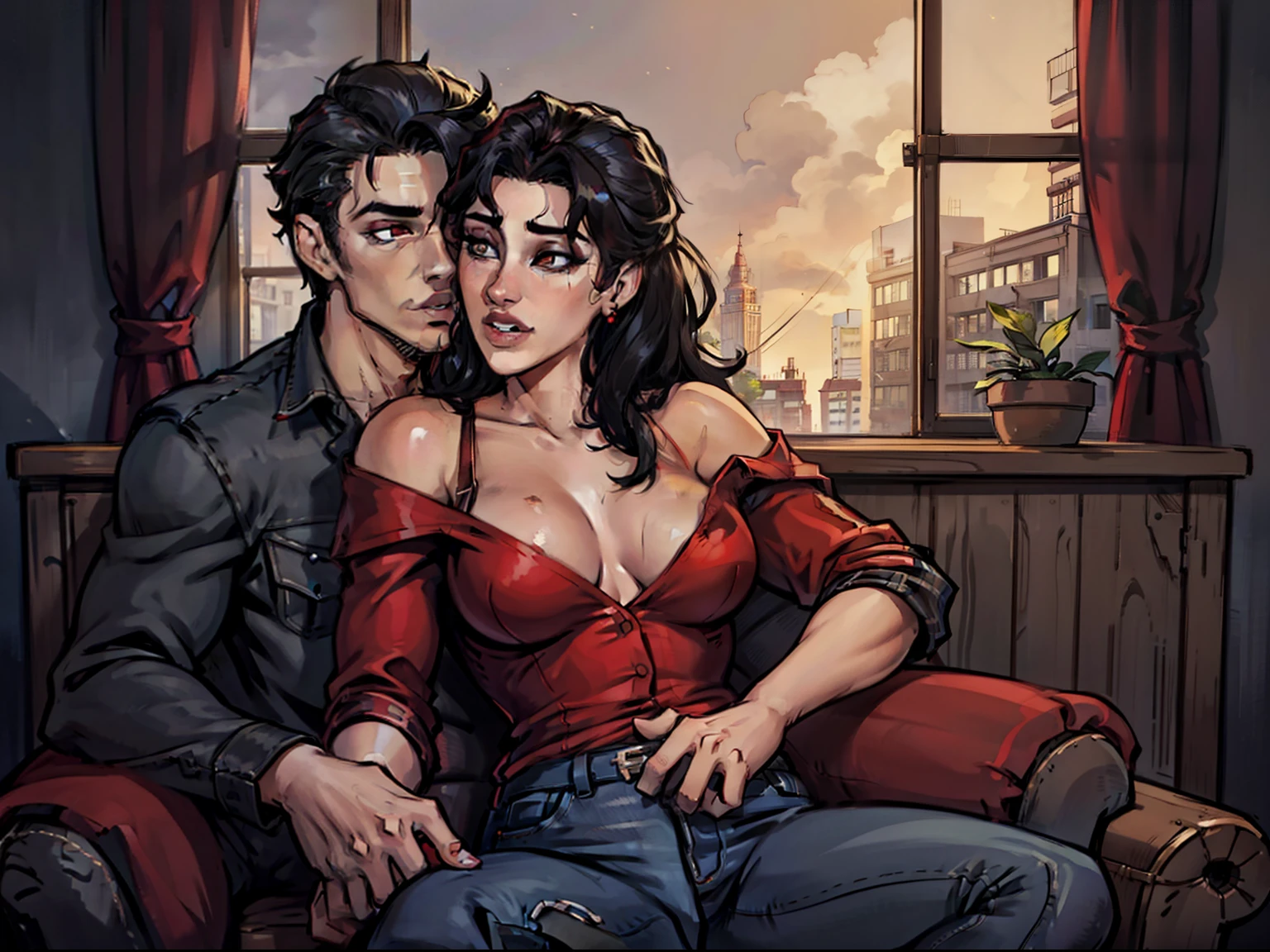 Young sexy girl wearing a red dress sitting on lap of young boy wearing a red and black flannel shirt and jeans who is sitting on a chair, kissing, making out, passionately, dim lighting, sexy, hot, lustful