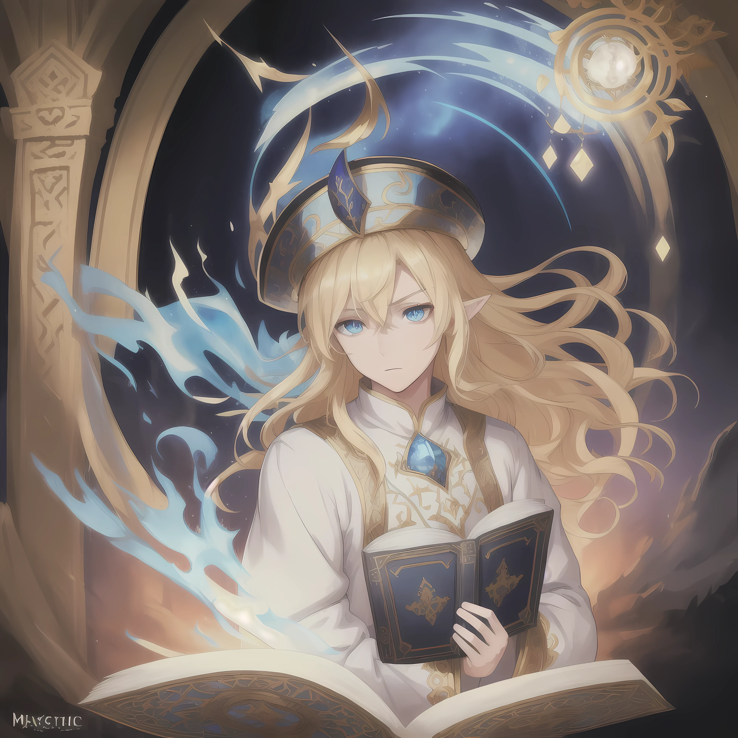 (highres:1.2), male character, detailed facial features, glowing blue eyes, flowing blonde hair, pointed ears, fair complexion, intricate embroidery on the hat and clothes, mystical aura, muscular phisic, ancient book to the side, magical runes in the background, dramatic lighting, epic fantasy art style, vibrant colors.