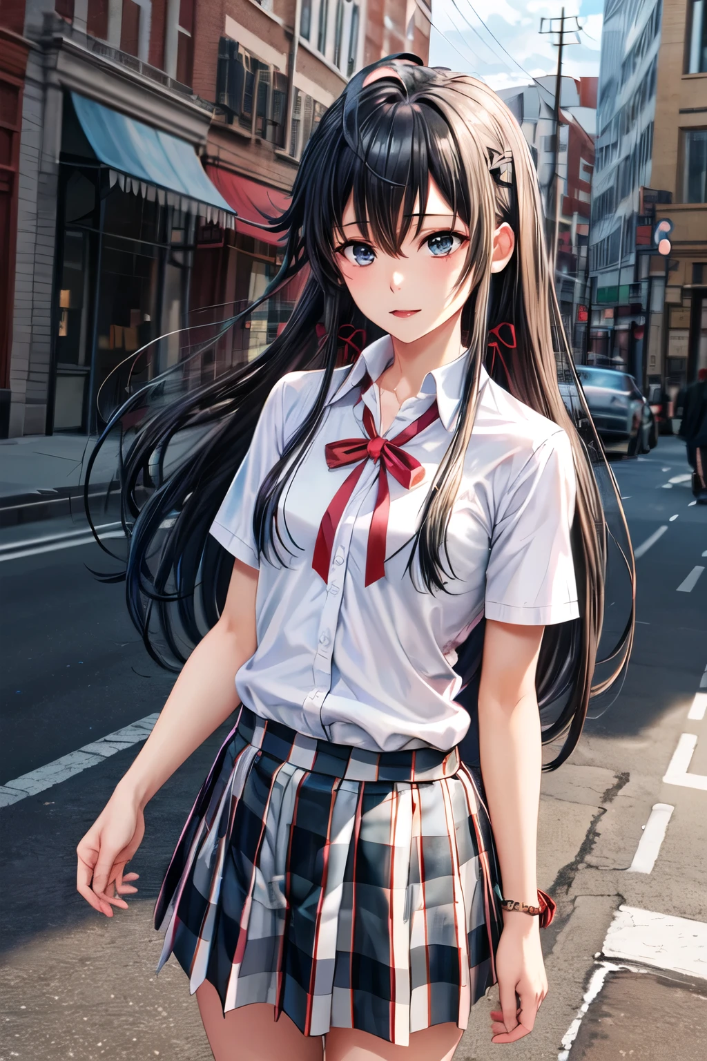 masterpiece, best quality, highres, aayukino, long hair, ahoge, hair ribbon, collarbone, neck ribbon, white shirt, short sleeves, plaid skirt, ahegao, naked, standing, cowboy shot, street,