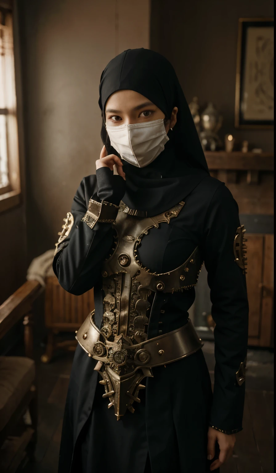 Craft a photorealistic scene of a Malay girl in hijab masker mouth as an intrepid explorer in cyberpunk world. standing on living room, Showcase intricate gears, Victorian-inspired fashion, and a sense of adventure in this alternate reality, 8mm lens, Extreme close-up,  8k resolution, high quality, ultra detail,modeling pose                                              