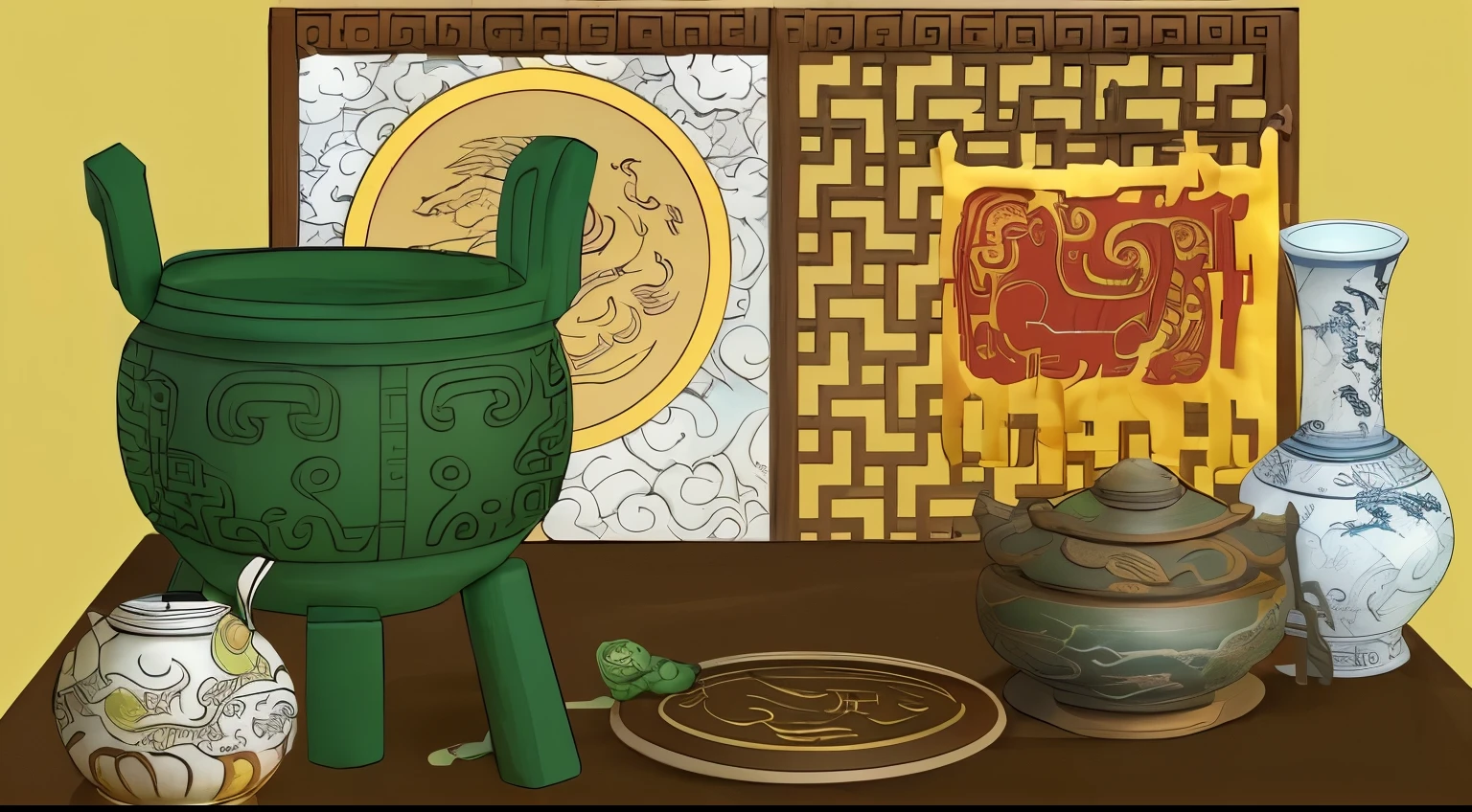 Optimize coloring，Chinese style，cultural relics，There is a tripod on the table，pot，Jade Ruyi，Vases and other things，There is a screen behind with dragon and phoenix patterns embroidered on it.