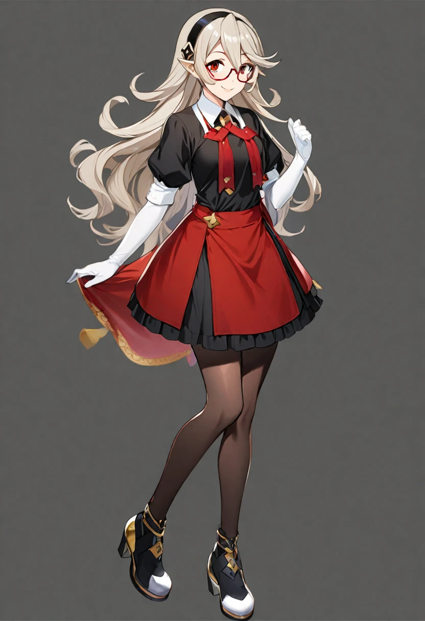 1girl, alternate costume, corrin \(fire emblem\), corrin \(fire emblem\) \(female\), full body, glasses, gloves, hairband, long hair, looking at viewer, pantyhose, pointy ears, red eyes, shoes, simple background, skirt, smile, solo, white background