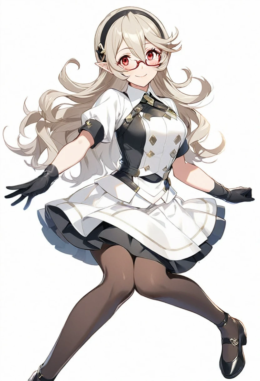 1girl, alternate costume, corrin \(fire emblem\), corrin \(fire emblem\) \(female\), full body, glasses, gloves, hairband, long hair, looking at viewer, pantyhose, pointy ears, red eyes, shoes, simple background, skirt, smile, solo, white background