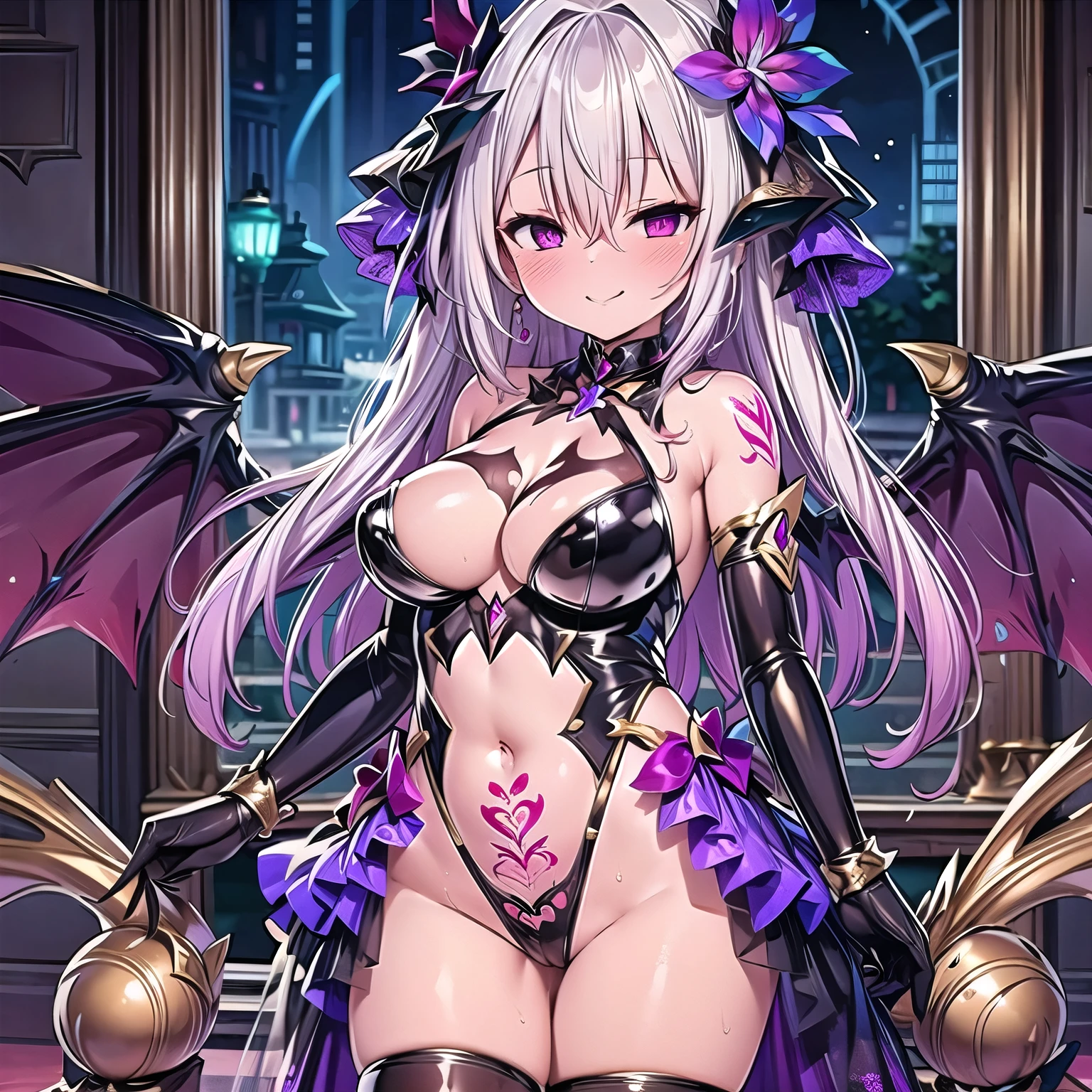 purplex, corruption, chaos form, 1girl, gloves, pubic tattoo, solo, elbow gloves, looking at viewer, evil smile, hair ornament, navel, bare shoulders, wings, thighhighs, huge breasts, standing, black gloves, power symbol-shaped pupils, blush, cleavage, hair between eyes, detached collar, crotch plate, palace,
