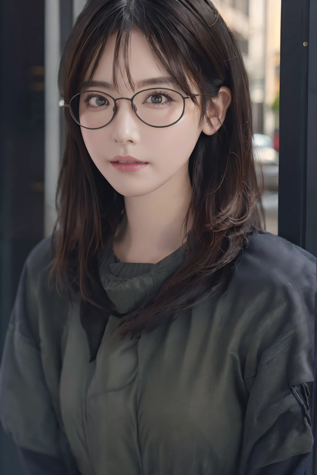 (masuter piece:1.3)、(8k、Photorealsitic、RAW Photography、top-quality: 1.4)、(1girl)、beautiful face、(lifelike face)、(A dark-haired、Medium hair:1.3)、Beautiful hairstyle、realisticeyes、Beautiful details、(real looking skin)、Beautiful skins、(Sweaters)、absurderes、enticing、超A high resolution、A hyper-realistic、high-detail、the golden ratio、Woman who looks good in glasses、bilaterally symmetrical