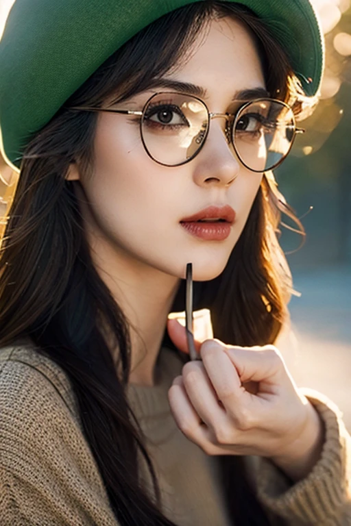 (best quality), (high detail), (perfect body), (beautiful face), (1girl), (close-up ), (headshot), smoking a large cigar, wearing a beret, aviator glasses, clouds of smoke over her face, HDR, UHD, 4K, 3D